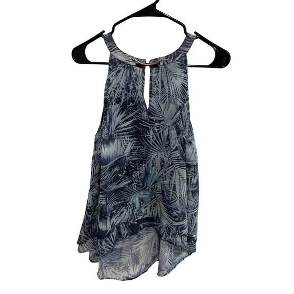 Guess Womens Sleeveless Palm Leaf Print Halter Top Blue Sz Large Flowy Boho NEW - Picture 1 of 11